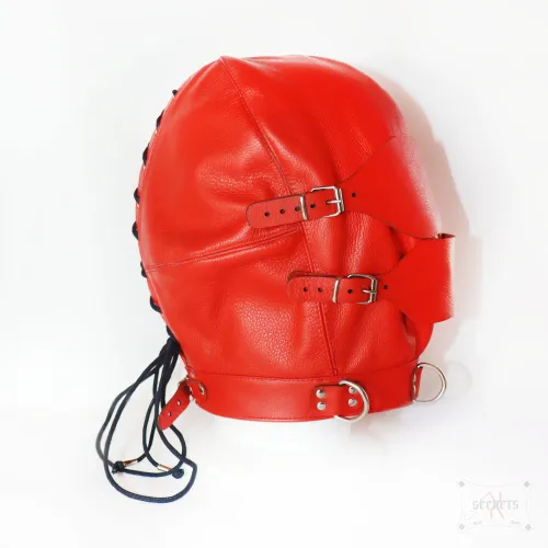 Máscara BDSM Artesanal de Cuero Rojo Abombado con Antifaz y Cierre Encorsetado Máscara BDSM Artesanal de Cuero Rojo Abombado con Antifaz y Cierre Encorsetado